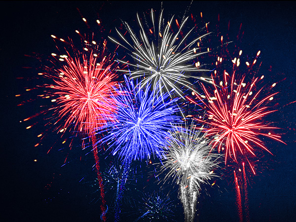 Blue red white firework on dark night sky.